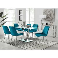 Florini V White Dining Table and 6 Blue Pesaro Silver Leg Chairs - Blue