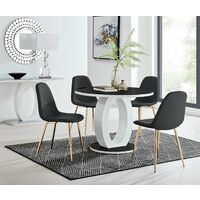 Giovani High Gloss And Glass Large Round Dining Table And 4 Black Corona Gold Chairs Set - Black