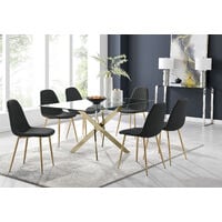 Leonardo 6 Gold Dining Table and 6 Black Corona Gold Leg Chairs - Black