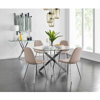 Novara Chrome Metal And Glass Large Round Dining Table And 4 Cappuccino Grey Corona Silver Chairs Set - Cappuccino
