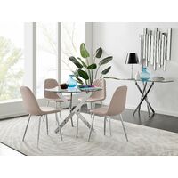 Novara Chrome Metal Round Glass Dining Table And 4 Cappuccino Grey Corona Silver Dining Chairs