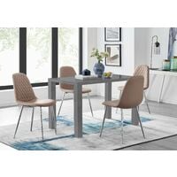 Pivero Grey High Gloss Dining Table And 4 Cappuccino Grey Corona Silver Chairs Set - Cappuccino