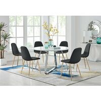 Santorini White Round Dining Table And 6 Black Corona Gold Leg Chairs - Black