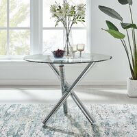 Selina Round Glass And Chrome Metal Dining Table And 4 Elephant Grey Luxury Willow Chairs Set - Elephant Grey