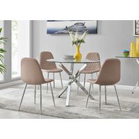Selina Chrome Round Square Leg Glass Dining Table And 4 Cappuccino Grey Corona Silver Chairs Set - Cappuccino