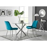 Selina Round Dining Table and 2 Blue Pesaro Silver Leg Chairs - Blue