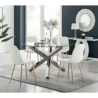 Vogue Large Round Chrome Metal Clear Glass Dining Table And 4 White Corona Gold Dining Chairs Set - White