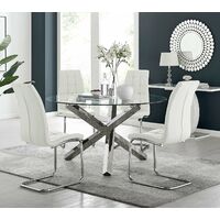 Vogue Large Round Chrome Metal Clear Glass Dining Table And 4 White Dining Chairs Set - White