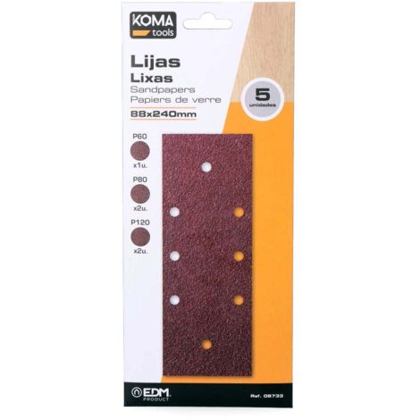 Lijas Para Lijadora Orbital 88x240mm Granulometría P60 P80 P120 5 Hojas Koma Tools