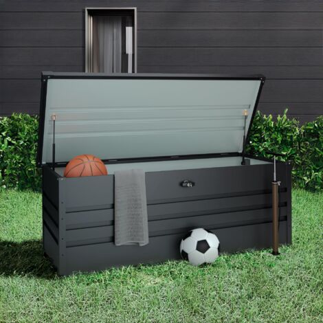 Coffre de jardin en métal Sveg 716 L - 165x70x62cm - Garantie 10 ans - Serrure de sécurité avec clé - Ouverture facile par vérins à gaz