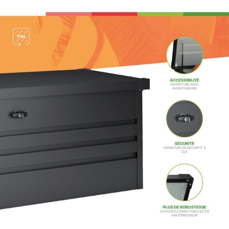Coffre de jardin en métal Sveg 716 L - 165x70x62cm - Garantie 10 ans - Serrure de sécurité avec clé - Ouverture facile par vérins à gaz