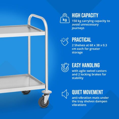 Carrello Inox Di Servizio Per Cucina In Acciaio Ruote 2 Ripiani Fino A 150 Kg