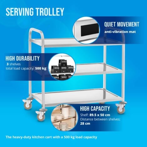 Carrello Di Servizio Da Cucina Acciaio Inox Gastronomia 3 Ripiani 4 Ruote 480 Kg