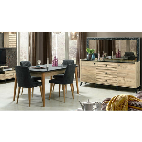 Comedor completo LIR con 4 sillas madera y efecto marmol negro (1/5)