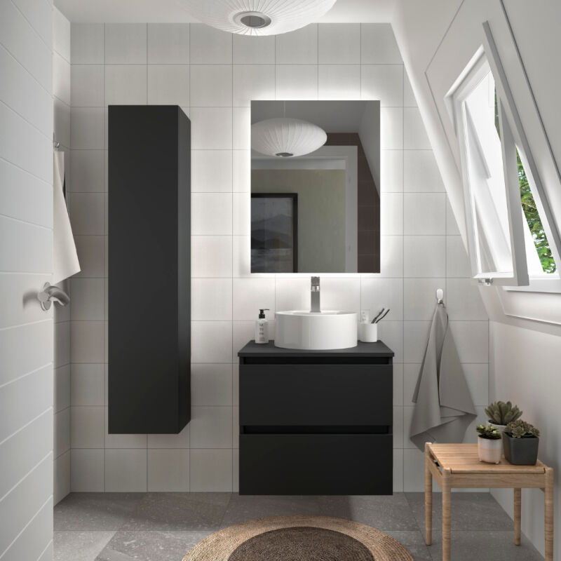 Meuble salle de bain - 70 cm - Avec vasque à poser - Noir mat - A suspendre  - KARAIB