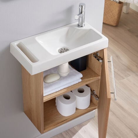 Meuble Lave mains couleur chêne oak Bordolino pour toilette avec robinet eau froide à droite