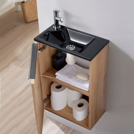 Meuble Lave-Mains Nevada Chêne Avec Vasque Noire - 40x48x22cm - Idéal Pour WC Ou Petite SDB