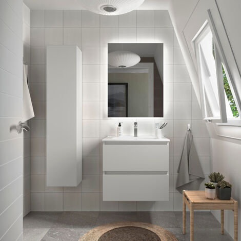 Meuble salle de bain - 70 cm - Avec plan vasque - Blanc mat - A suspendre -  KARAIB