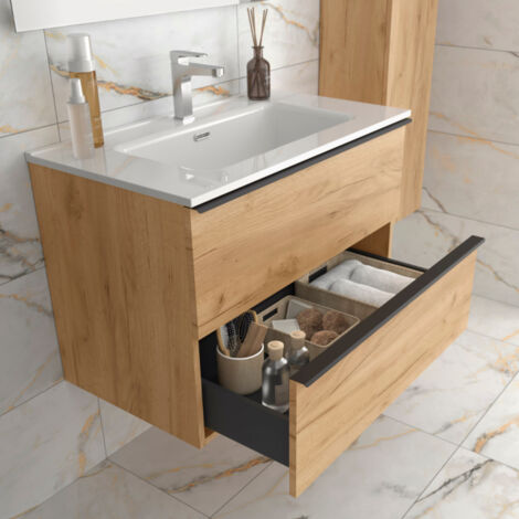 Meuble salle de bain - 80 CM - avec plan vasque - Effet chêne brut - poignées noires - A suspendre - ARUBA
