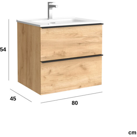 Meuble salle de bain - 80 CM - avec plan vasque - Effet chêne brut - poignées noires - A suspendre - ARUBA