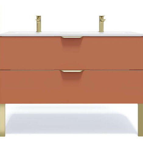 Homifab – Ensemble meuble de salle de bain suspendu double vasque intégrée 120cm – 2 tiroirs – finition terracotta – fabrication française