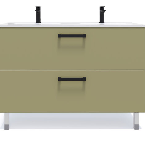 Meuble de salle de bain suspendu avec pieds double vasque intégrée 120cm 2 tiroirs Vert olive - Chelsea (1/5)