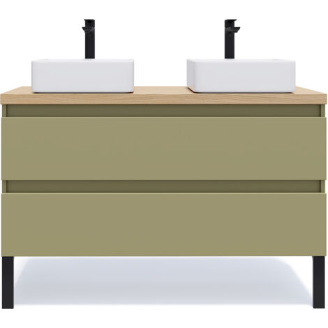 Meuble de salle de bain suspendu 2 vasques à poser 120cm 2 tiroirs Vert olive - Hudson (1/5)
