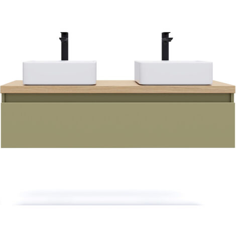 Meuble de salle de bain suspendu 2 vasques à poser 120cm 1 tiroir Vert olive - Hudson (1/5)