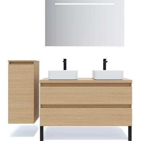 Meuble de salle de bain suspendu 2 vasques à poser 120cm 2 tiroirs Chêne clair + miroir + colonne ouverture gauche - Hudson (1/5)