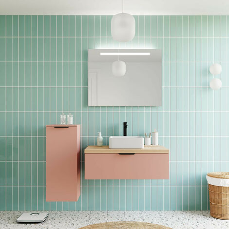 Meuble de salle de bain suspendu vasque à poser 90cm 2 tiroirs Noir +  miroir + colonne ouverture gauche - Hudson - Homifab