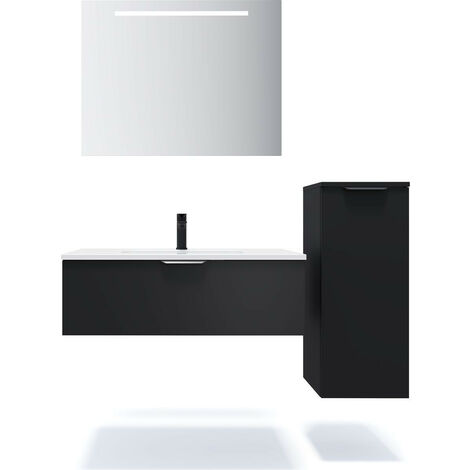 Meuble de salle de bain suspendu vasque intégrée 90cm 1 tiroir Noir + miroir + colonne ouverture droite - Soho (1/5)