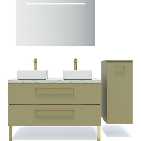 Meuble de salle de bain suspendu 2 vasques à poser 120cm 2 tiroirs Vert olive + miroir + colonne ouverture droite - Glasgow (1/5)