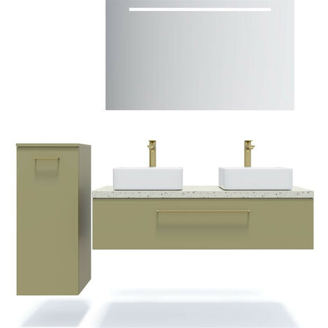 Meuble de salle de bain suspendu 2 vasques à poser 120cm 1 tiroir Vert olive + miroir + colonne ouverture gauche - Glasgow (1/5)