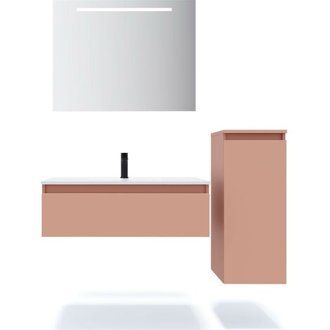 Meuble de salle de bain suspendu vasque intégrée 90cm 1 tiroir Abricot + miroir + colonne ouverture droite - Hudson (1/5)
