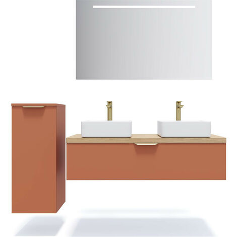 Meuble de salle de bain suspendu 2 vasques à poser 120cm 1 tiroir Terracotta + miroir + colonne ouverture gauche - Venice (1/5)