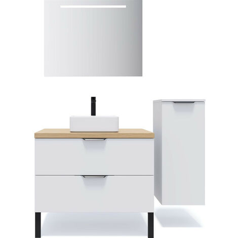 Meuble de salle de bain suspendu vasque à poser 90cm 2 tiroirs Blanc + miroir + colonne ouverture droite - Soho (1/5)
