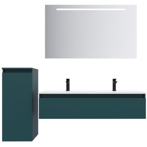 Meuble de salle de bain suspendu double vasque intégrée 120cm 1 tiroir Bleu + miroir + colonne ouverture gauche - Hudson