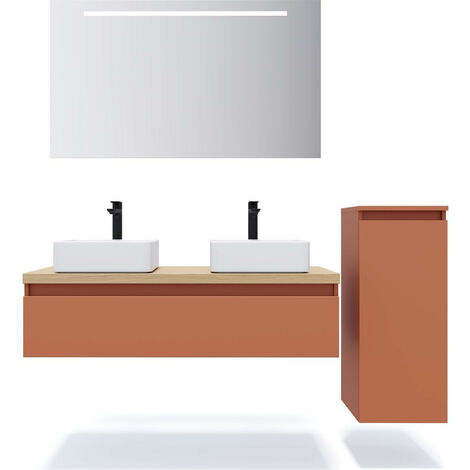 Meuble de salle de bain suspendu 2 vasques à poser 120cm 1 tiroir Terracotta + miroir + colonne ouverture droite - Hudson (1/5)