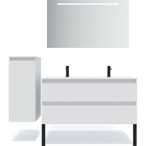 Meuble de salle de bain suspendu double vasque intégrée 120cm 2 tiroirs Blanc + miroir + colonne ouverture gauche - Hudson (1/5)