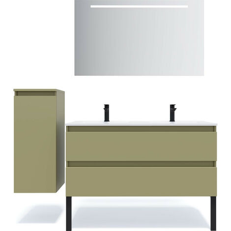 Meuble de salle de bain suspendu double vasque intégrée 120cm 2 tiroirs Vert olive + miroir + colonne ouverture gauche - Hudson (1/5)