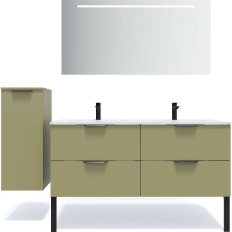 Meuble de salle de bain suspendu double vasque intégrée 140cm 4 tiroirs Vert olive + miroir + colonne ouverture gauche - Soho (1/5)