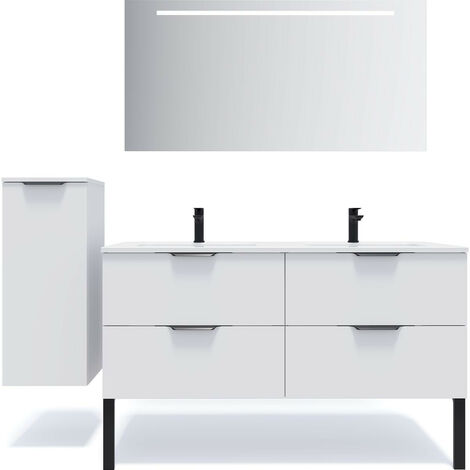 Meuble de salle de bain suspendu double vasque intégrée 140cm 4 tiroirs Blanc + miroir + colonne ouverture gauche - Soho (1/5)