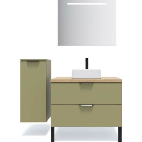 Meuble de salle de bain suspendu vasque à poser 90cm 2 tiroirs Vert olive + miroir + colonne ouverture gauche - Soho (1/5)