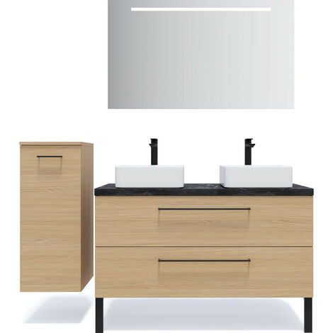 Meuble de salle de bain suspendu 2 vasques à poser 120cm 2 tiroirs Chêne clair + miroir + colonne ouverture gauche - Glasgow (1/5)