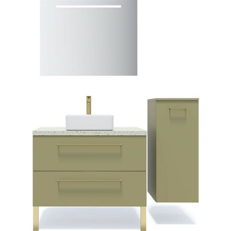 Meuble de salle de bain suspendu vasque à poser 90cm 1 tiroir Vert olive + miroir + colonne ouverture droite - Glasgow (1/5)