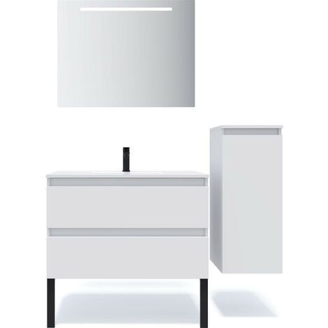 Meuble de salle de bain suspendu vasque intégrée 90cm 2 tiroirs Blanc + miroir + colonne ouverture droite - Hudson (1/5)