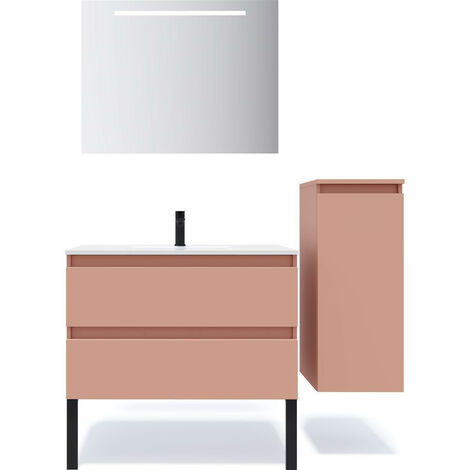 Meuble de salle de bain suspendu vasque intégrée 90cm 2 tiroirs Abricot + miroir + colonne ouverture droite - Hudson (1/5)