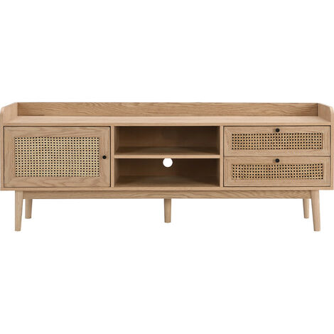 Meuble TV 1 porte 2 tiroirs en bois et cannage naturel 160 cm - Eden (1/5)