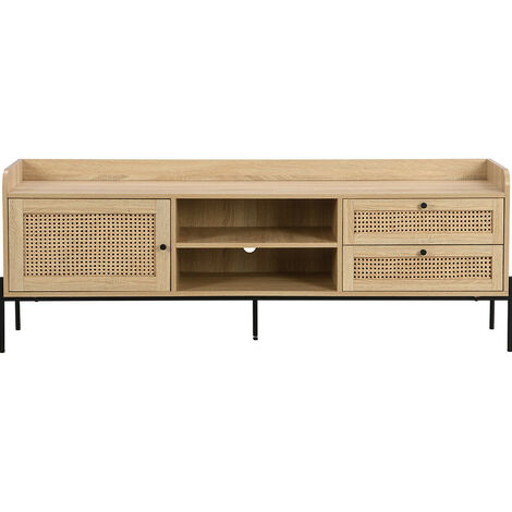 Meuble TV 1 porte 2 tiroirs en cannage naturel et effet chêne 160 cm - Iris (1/5)