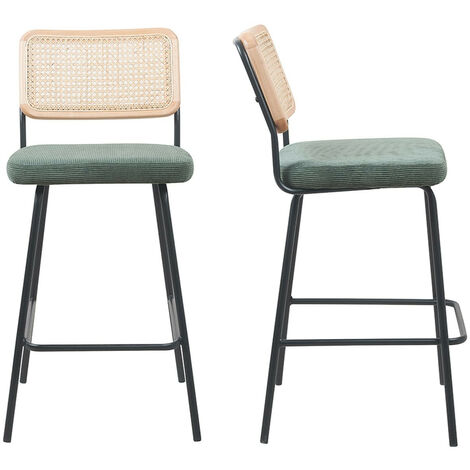 Homifab – Lot de 2 chaises de bar en velours côtelé vert et cannage – Piètement métal noir – Hauteur d'assise 67 cm – Pour espaces modernes (1/5)